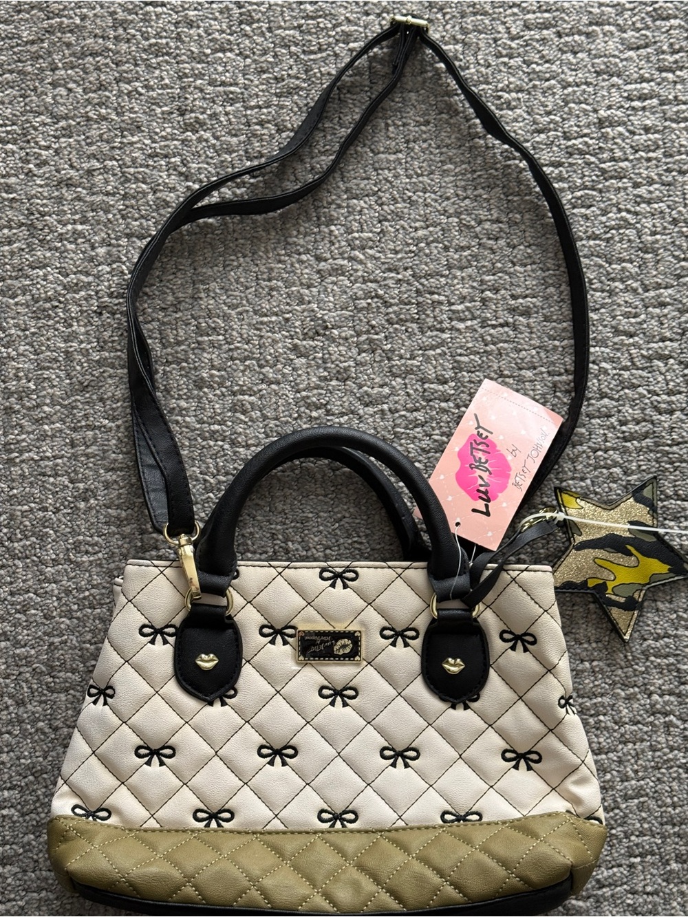 Betsy Johnson Cream Quilted Bow Purse with Black Handles